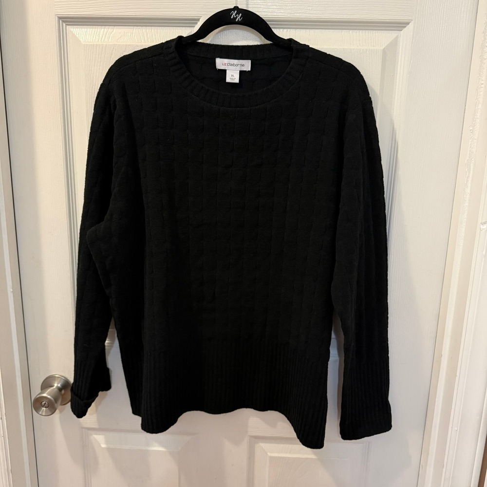 Liz Claiborne NEW Women's XL Black Textured Block Knit Crewneck Sweater Cozy